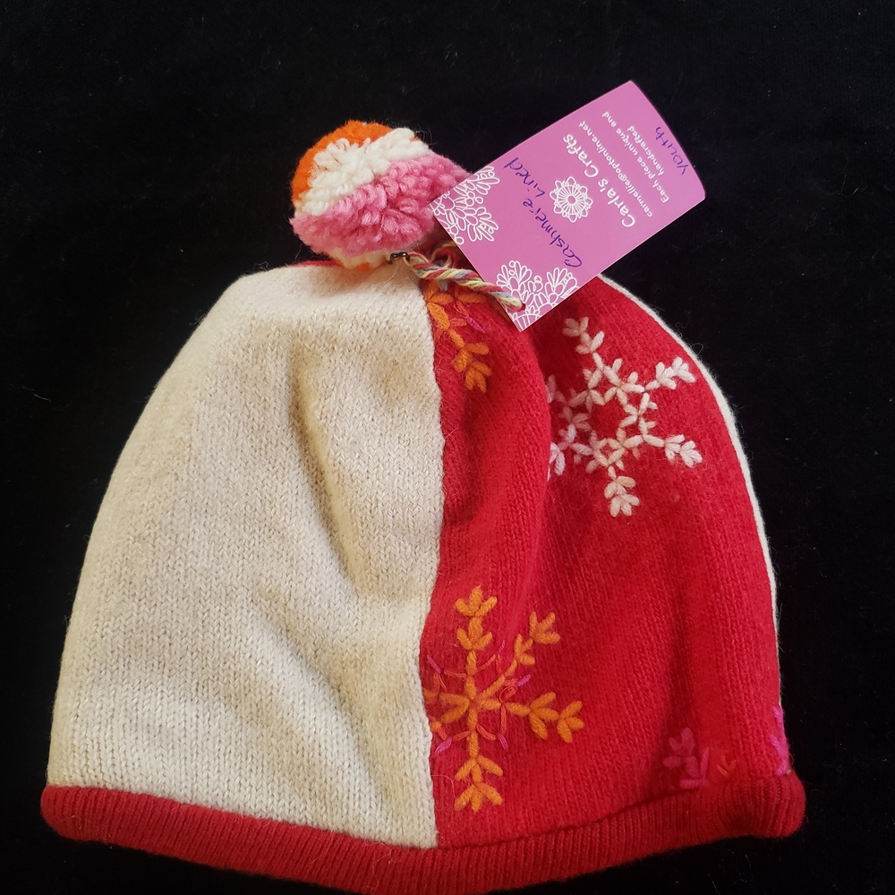 Handcrafted, Cashmere Lined, Colorful Snowflake Kids Beanie With Pompom